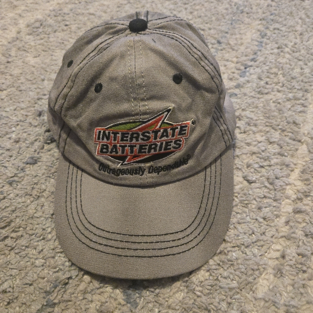 Vintage Interstate Batteries Hat Gray Embroidered Logo Strapback Cap Distressed